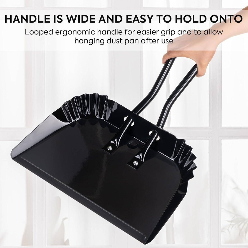 heavy-duty large 17-inch metal dust pan and brush set with ergonomic rubber-coated handle & sturdy broom head - large rectangular pan with rounded edges for carpet, hardwood, tile, vinyl floors - indoor/outdoor use for home, patio, car, pet hair removal - durable metal construction, easy to clean, space-saving design, dust pan with long handle, mini broom and dustpan, dust pan and broom, mini dust pan Product details 5