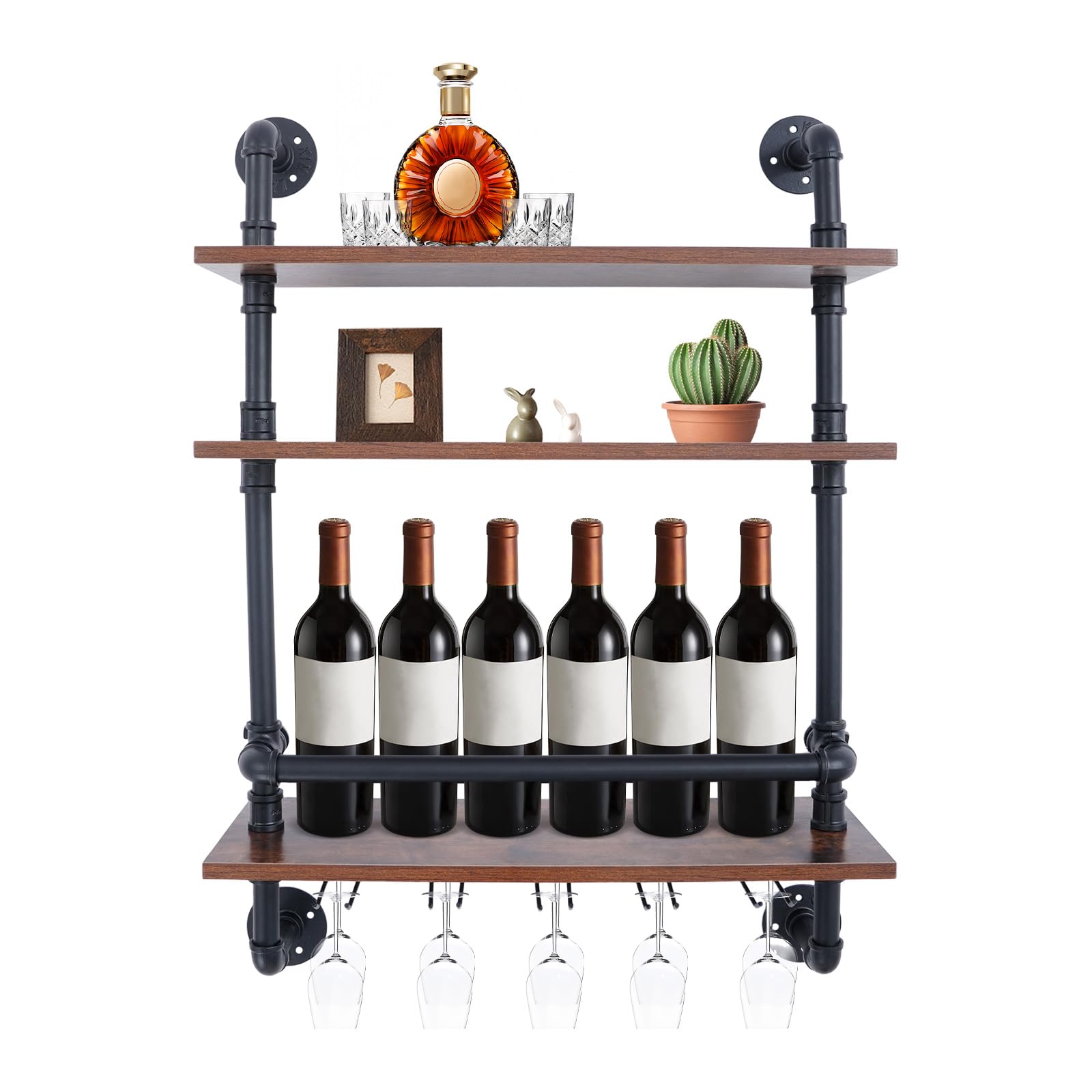 Image of Kaufenshop Steam Punk Pipe Shelf Wine Glass Rack, Industrial Pipe Rack Wine Rack Wall Mounted With Stem Glass Holder, 3-tier Rustic Floating Bar Rack Wine Rack (24 Inch) Holiday Stock