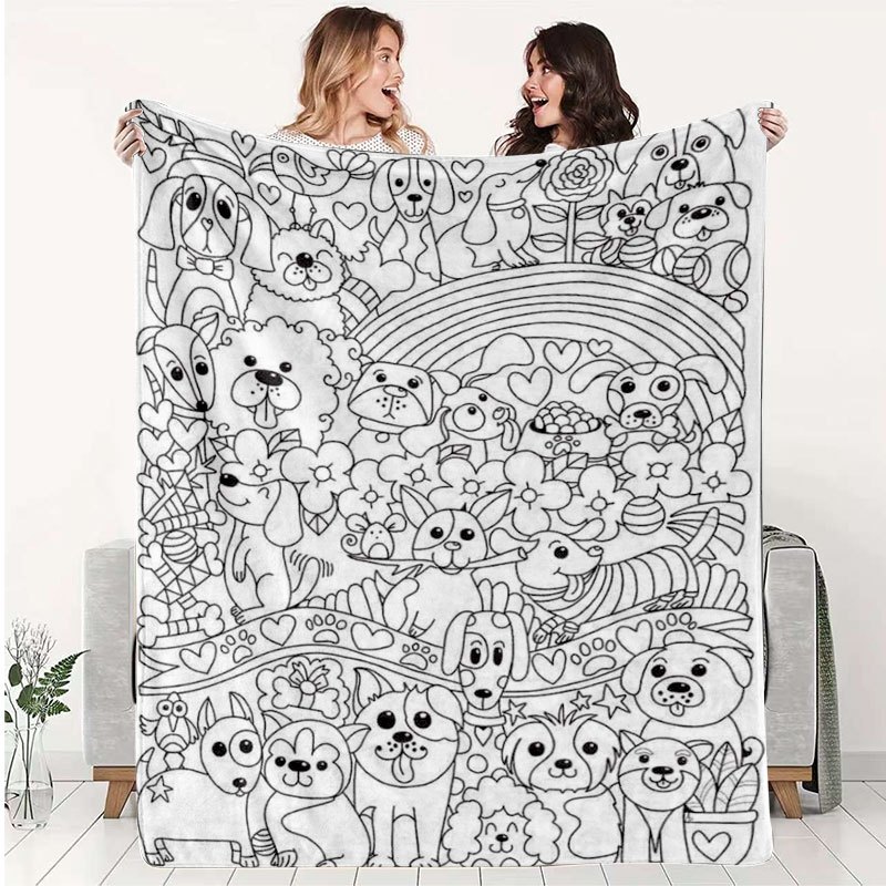 TEMU Adorable Cartoon Pet Coloring Style Flannel Blanket, Soft, Skin-friendly, And Warm, Suitable For . Versatile For Home Lounging, Bedroom Sleep,
