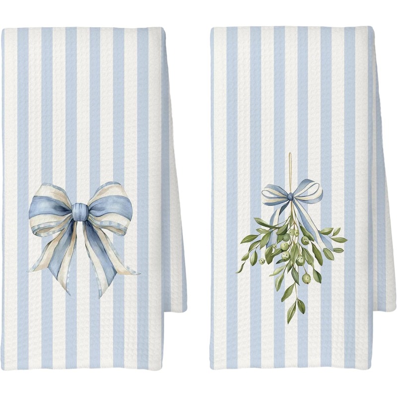 TEMU Set strofinacci da cucina natalizi costieri 18x26 pollici, strofinaccio decorativo da t癡 con a righe stile blu e vischio natalizio, per cucina,