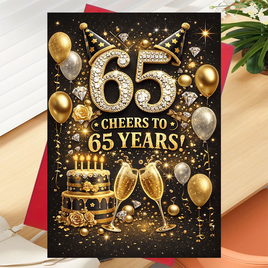 TEMU A Greeting Card With An Envelope, Designed For To Commemorate A 65th Birthday, Featuring A Shiny Number 65, Party Hats, Champagne Flutes, And