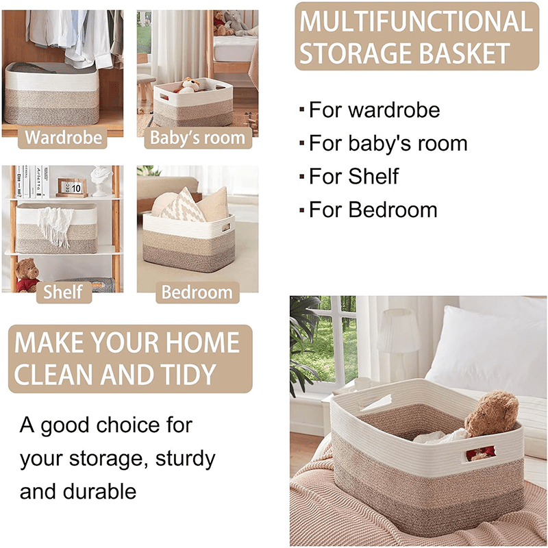 Large Woven Rope Storage Basket- Double Handle Design, 70L Capacity, Black and Beige Stripe Design, Great for, Laundry, Nursery and Living Room Organisation, 55x43x30cm, Laundry Basket, Storage Basket, Sturdy Handle Design, Shelf Basket, Shelf Baskets