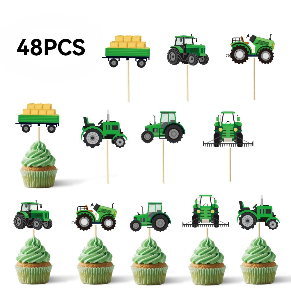 Image of Farm Tractor Themed Party Decorations, 24/48pcs Of Paper Cupcake Toppers, Birthday Party Supplies, Birthday Cake Toppers, School, Halloween, Christmas