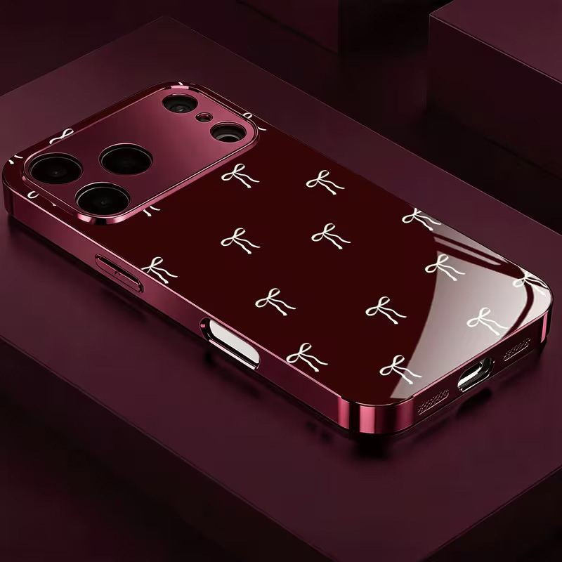 TEMU Phone Case: Wine Red Background With Small White Bow For Iphone Plus/15 Pro/15 Pro Max/16/16 Plus/16 Pro/16 Pro Max/16e/17e/17/17 Air/17 Pro/17