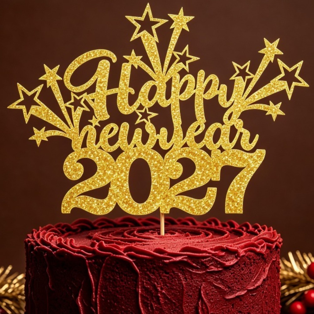 TEMU 1pc Golden Happy New Year 2027 Cake Topper, New Year's Eve Party Supplies, Holiday Celebration Decorations, Halloween Thanksgiving Christmas New