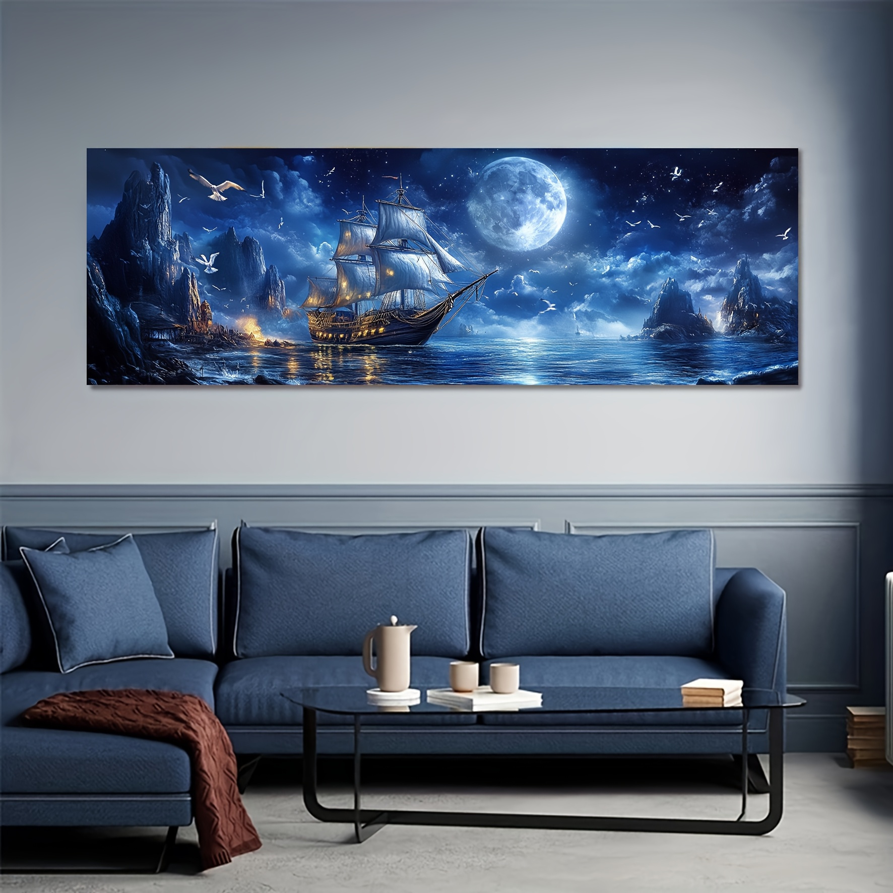 TEMU Classic Pirate Ship Moonlight Wall Art, 5d Handmade Diamond Painting Kit - Sparkling Round Rhinestones, 40*70cm 15.7inch/50*100cm 19.7*39.4inch