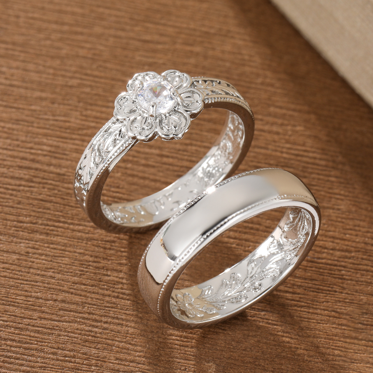 TEMU 2pcs Vintage Style Embossed Floral Pattern Inlaid Round Synthetic Synthetic Zirconia Women's Fashion Ring, Suitable For Casual, Vacation, And