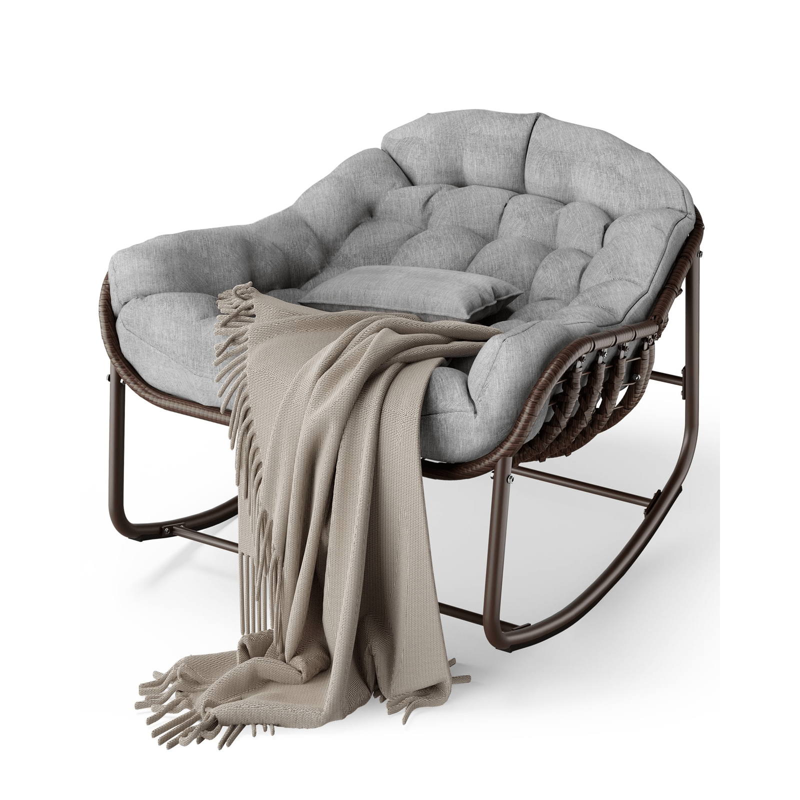 TEMU Oversized Papasan Rocking Chair For Living Room Egg-shaped Wicker Lounge Chair With 12cm Thick Water-resistant Cushion Heavy Duty Metal Frame