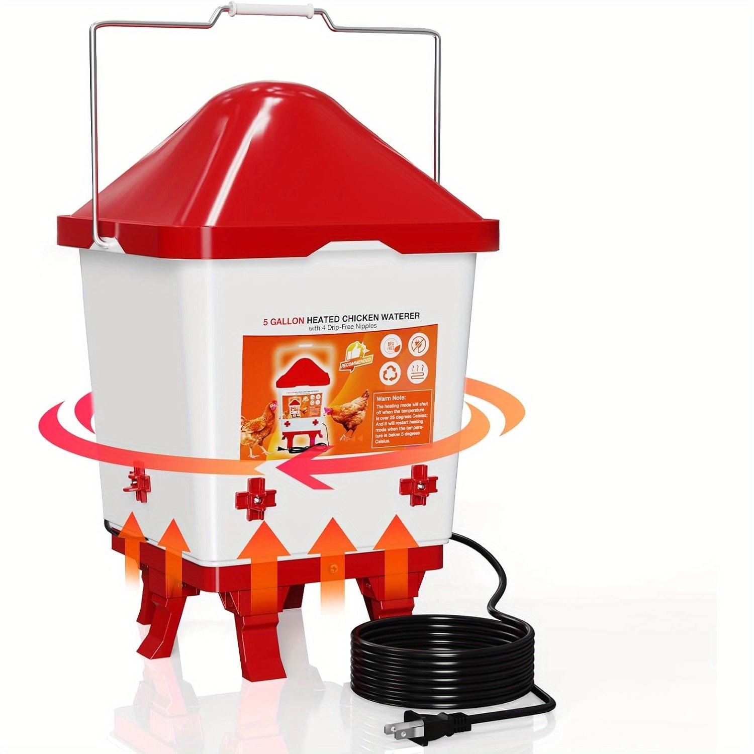 TEMU Heated Chicken Waterer 5 Gallon With 6 Legs And 4 Horizontal Heated Poultry Waterer Large Hanging Chicken Water Feeder Poultry Water Feeder For