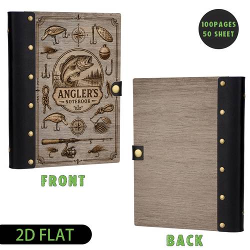 1pc notebook hardcover notebook 2d flat wooden panel with sturdy leather rivet 100 page tackle collection fishing log vintage outdoor angling fishing enthusiast gift 2d flat
