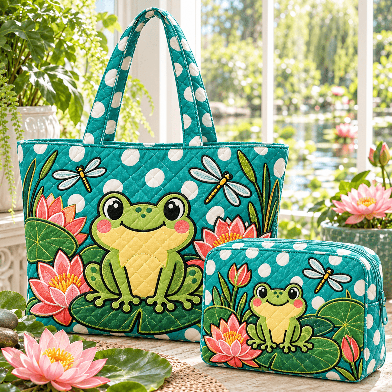 TEMU 2pcs Women's Whimsical Cottagecore Frog, Lily Pad And 2pcs Quilted Tote Bag Set With Matching Pouch, Lightweight Spacious Shoulder Handbag And