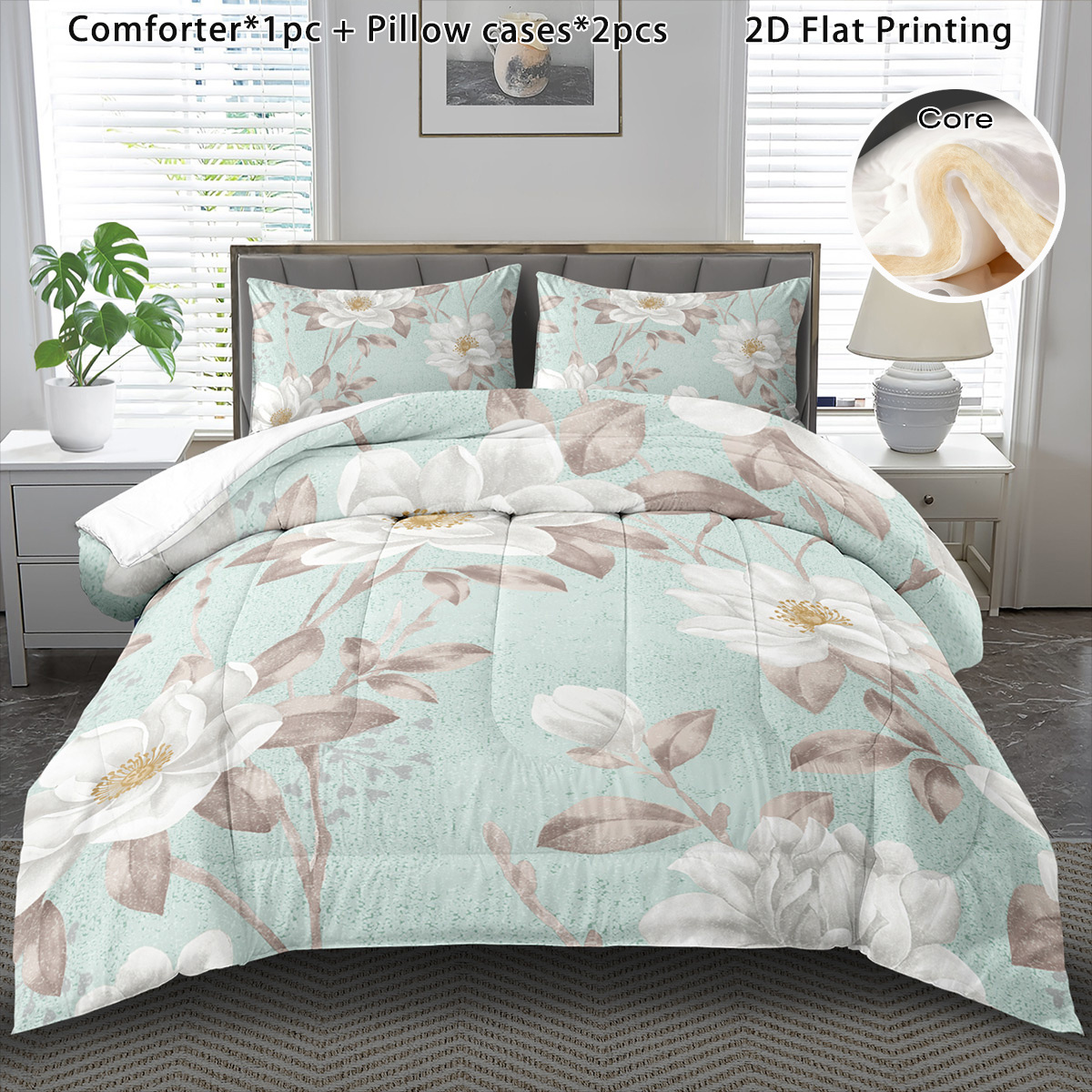 TEMU 3pcs Comforter Set For Winter Floral Magnolia Comforter Set Cartoon Boho Soft Bedding Set Halloween Gift Quilt Cute Christmas Room Decor Autumn