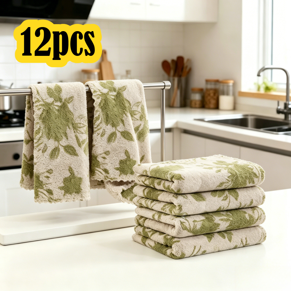 TEMU 12pcs Coral Fleece Kitchen Dish Cloths, Green Rose Printed Cleaning Towels, Thick Soft Reusable Wipes, High Absorption Household Cleaning Cloth