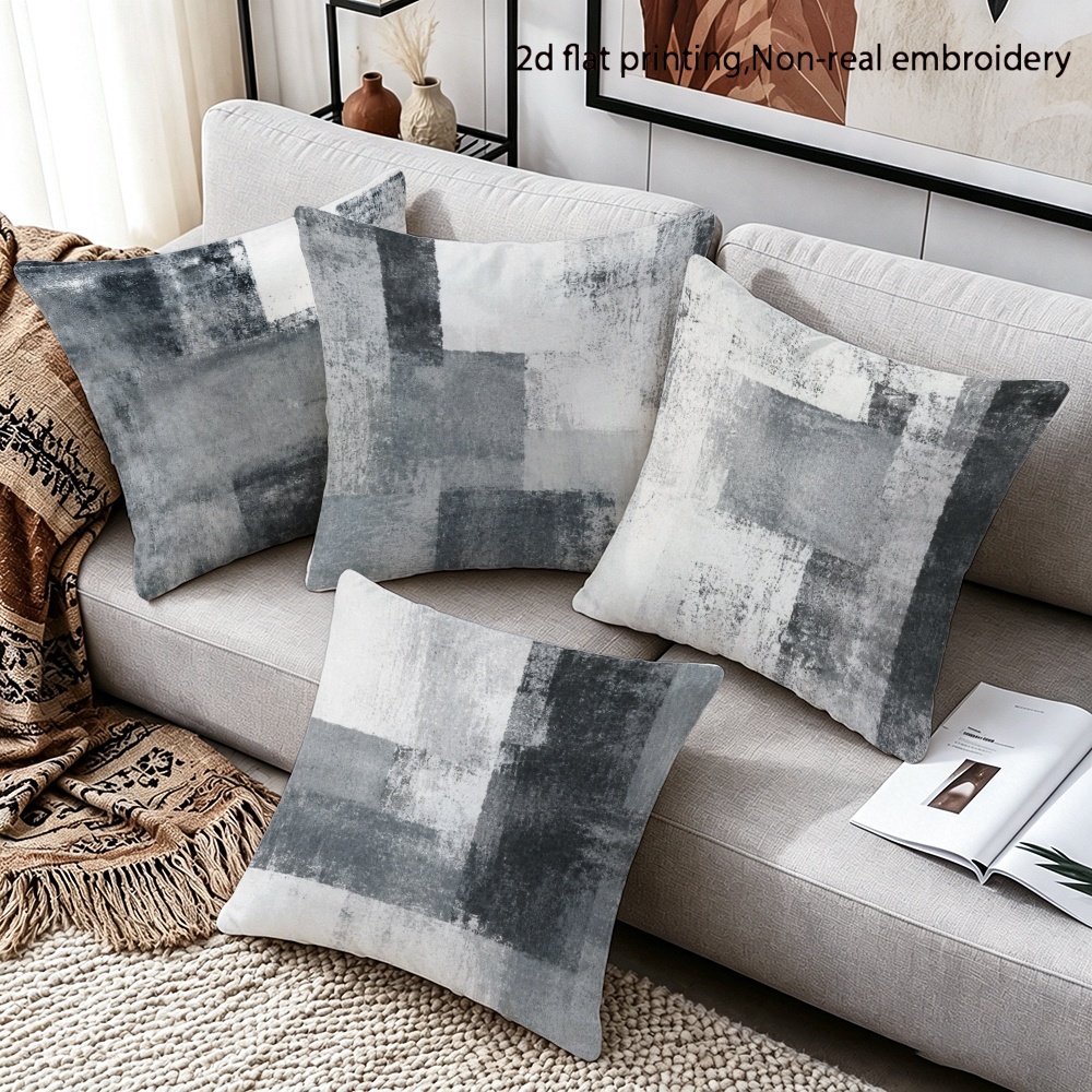 TEMU 4pcs, Casual Decorative Pillow Covers, Gray Black Abstract Color Block Pattern Printed Pillowcases, Modern Minimalist Style, Zipper Closure