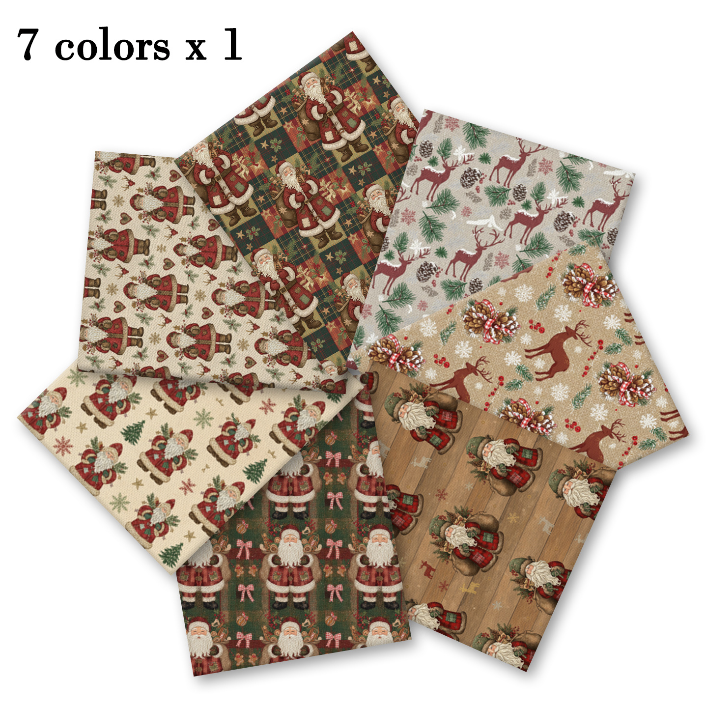 TEMU 7pcs Layer Cake Combination Retro Distressed Santa Claus Christmas Fabric Set Reindeer Pine Cone Snowflakes, Cartoon Santa Claus, Wooden