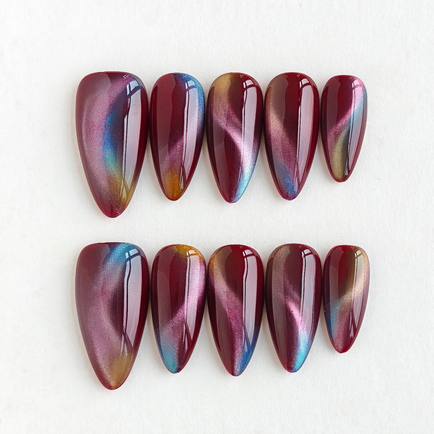 TEMU Faux Ongles Pressés Main 10pcs, Nouveau Style Moyen - Base Rouge Vin avec Ongles Œil de Chat Colorés, Style Tendance Élégant, Parfait pour les ,