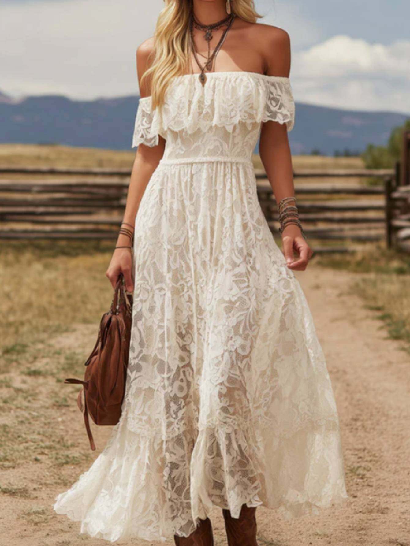knee length dresses for ladies Women's Classic Elegance Lace Maxi Dress in White/Nude