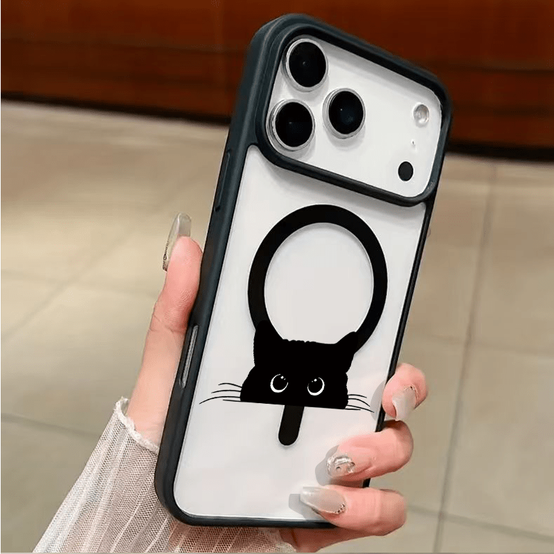 TEMU Phone Case - [2d Flat] Ka'ai Little Black Cat Pattern Black Border Magnetic Phone Case Suitable For 17 17air 17pro 17promax 16promax 15 15promax
