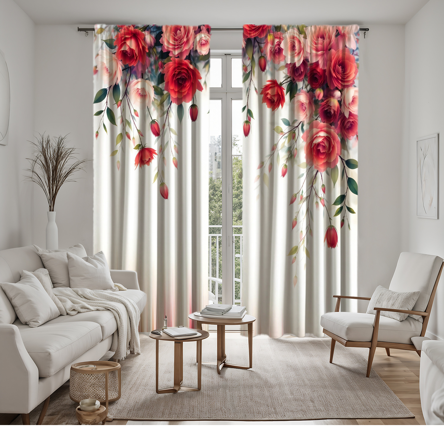 TEMU A Set Of 2 High-definition Digital Printed Curtains Featuring Blooming Red And White Roses With Green Leaves, Home Decor In Living Rooms And