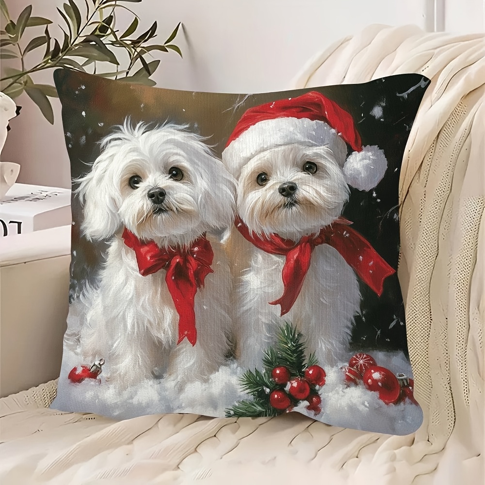 TEMU Taie d'oreiller de Noël 1 pièce Chien Maltais - Motif Poméranien Maltais Blanc Moelleux avec Nœuds Rouges et Empreintes de Pattes, Tissu Peluche