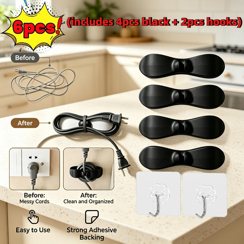 TEMU 6pcs Heavy-duty Kitchen Appliance Cable Organizer Set, Includes 4 Silicone Cable Clips + , Multi-functional Organizer, Non-slip Countertop Cable