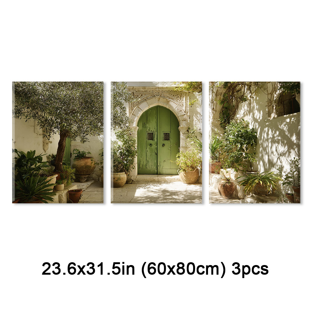 TEMU 3-panel Mediterranean Framed Wall Art - Vintage Paintings, Arched & Rectangular Canvas Posters Suitable For Living Room, Bedroom, Cafe - Warm ,