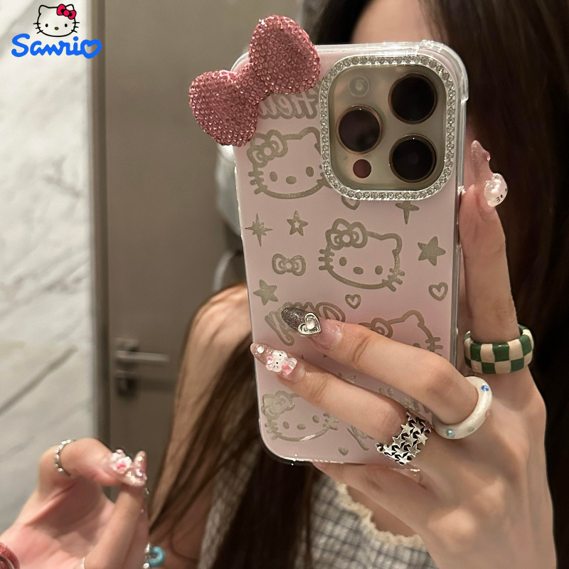 Cute Cartoon Kawaii Cat 3D Diamond Bow Suitable for Iphone 15 Pro Max Phone Case, New Iphone 14 Acrylic Design, Creative Drop-Resistant Protective Cover for Iphone 12