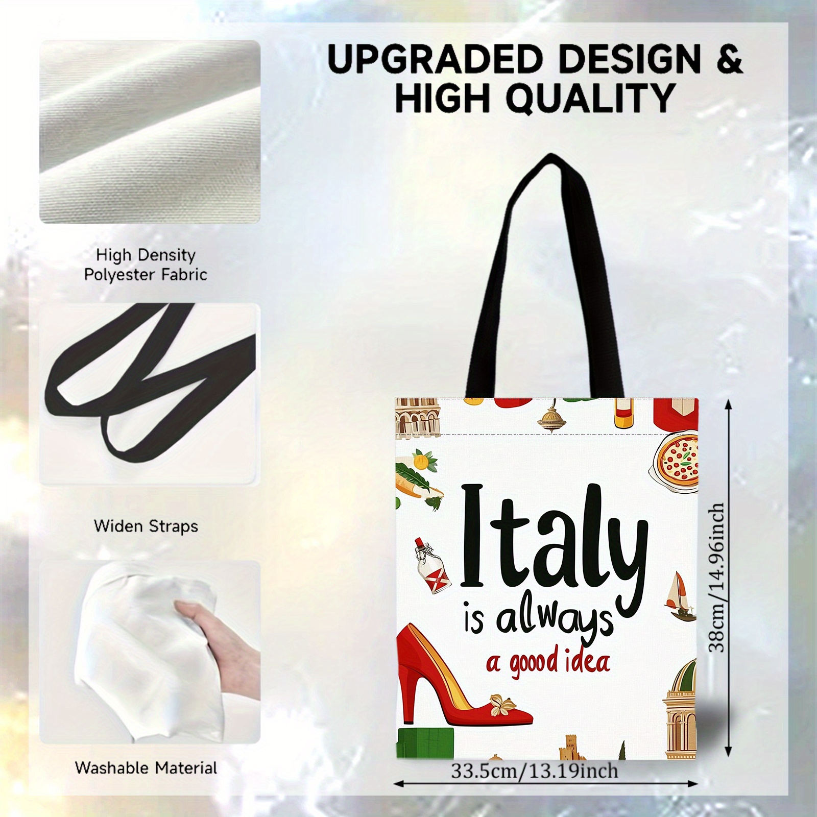 TEMU 1pc Exquisite Italy-themed Handbag - White With Red High Heels, Landmarks & "italy Is A " Design, Lightweight Polyester For Women, Travel,