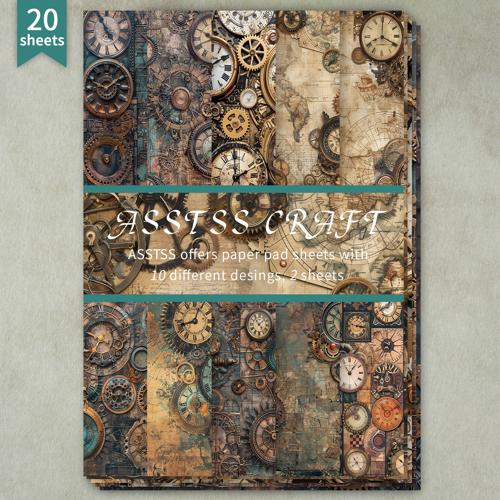 TEMU 20 hojas de papel A5 con diseño de reloj mecánico, un kit de manualidades con páginas de revistas temática de , papel decorativo a y materiales