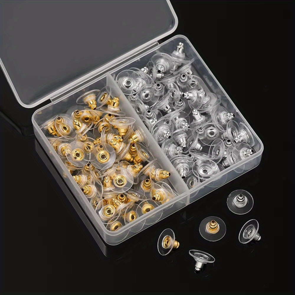 100pcs earring backs tools set with storage box golden and silvery assorted flying saucer ear backs earring nuts earring findings for jewelry making supplies
