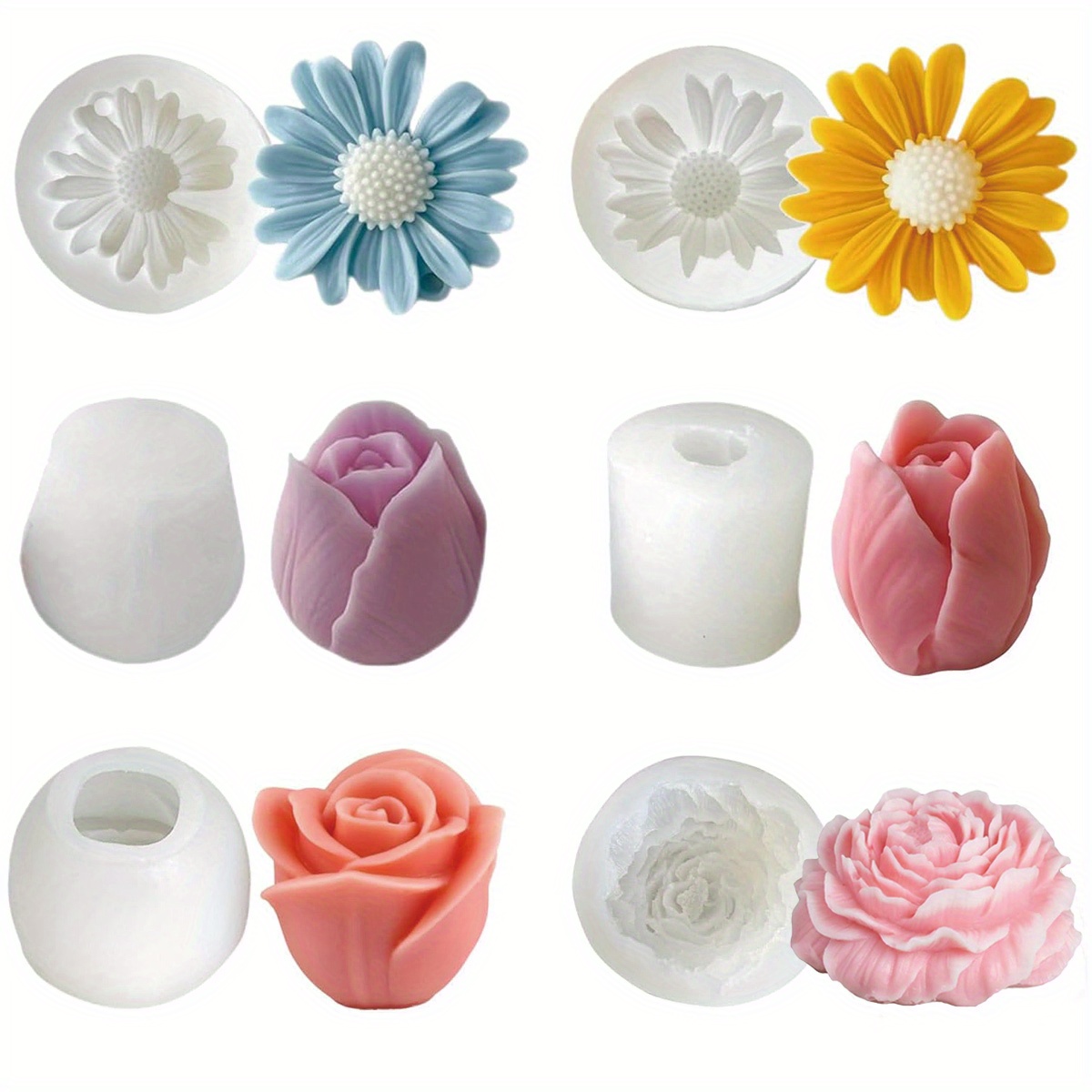 E-shop Set mit 6 Blumen-Kerzenformen – Silikonformen für Rosen, Pfingstrosen, Tulpen und Gänseblümchen, zum Erstellen von Kerzen, Seifen, und