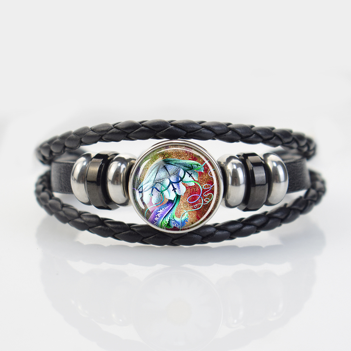 Ocean-Themed Black Braided Bracelet with Marine Animal Patterns