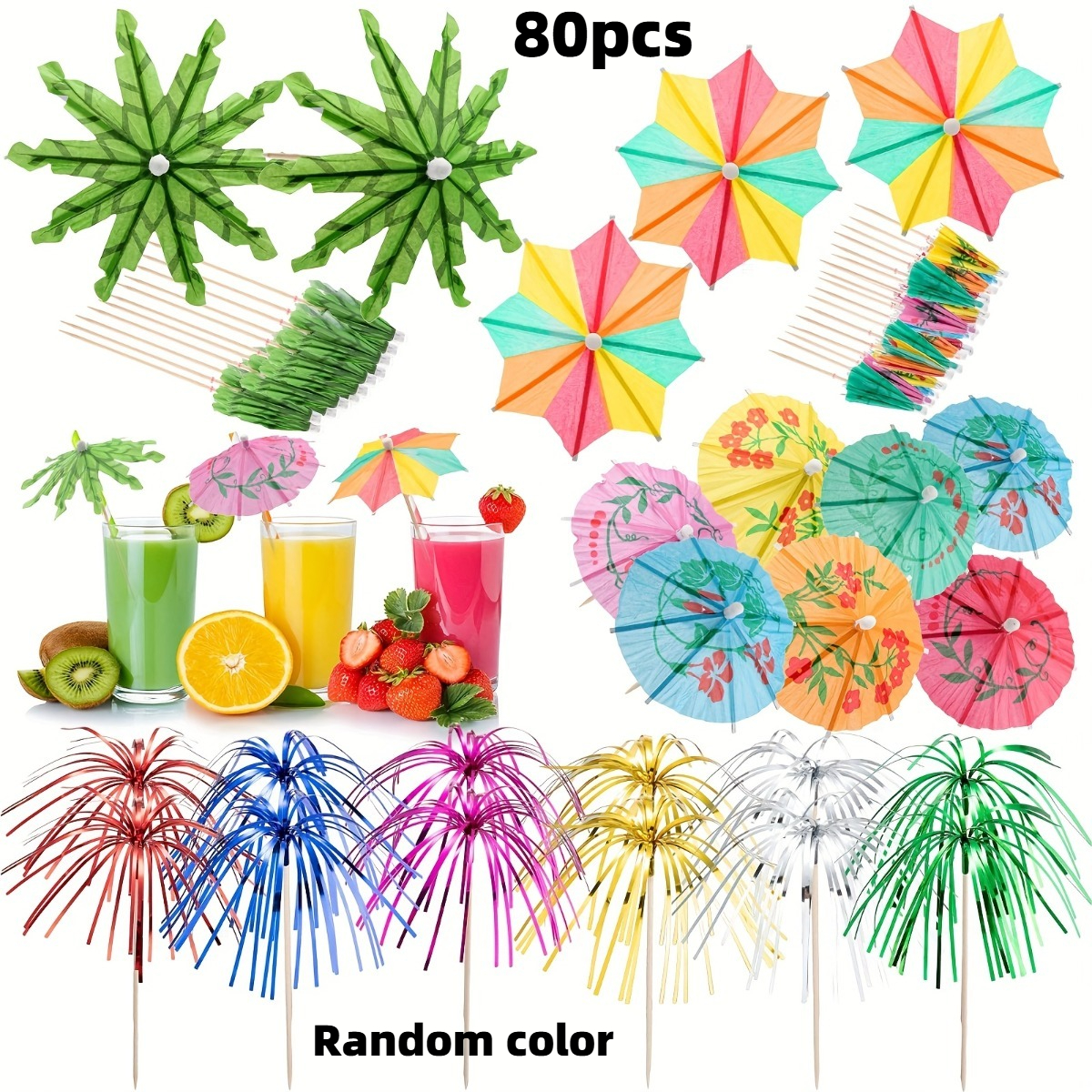 Image of 80pcs Drink Umbrellas Coconut Tree Umbrellas Firework Drink Stirrers Tropical Sticks Drinks Fruit Hawaiian Party Decoration Accessories, 4 Styles Random Style And Color