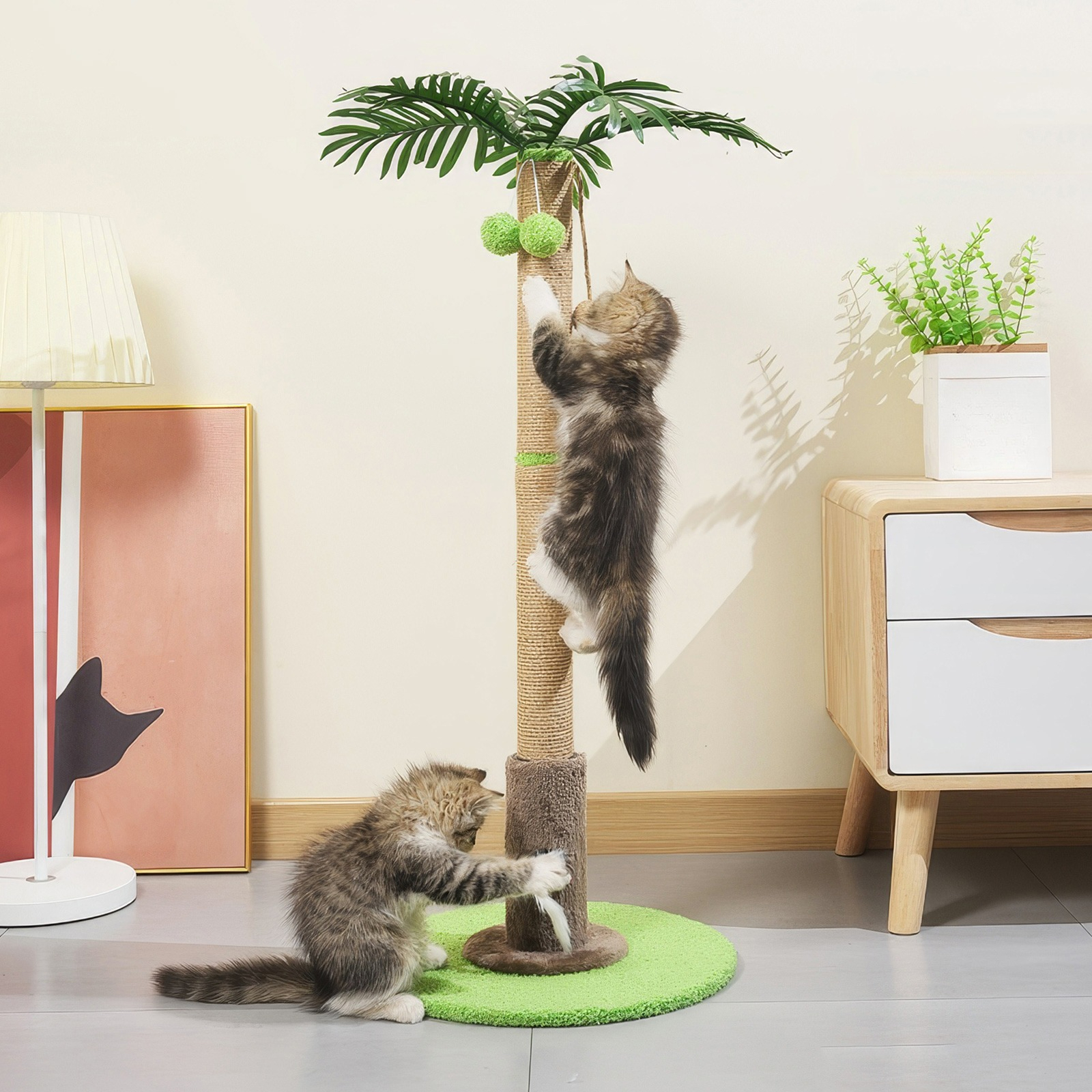 84 Cm Cat Scratching Post, Cute Sisal Rope Scratcher With Dangling Balls For Kittens And Small Indoor Cats, Durable And Interactive Scratching Posts