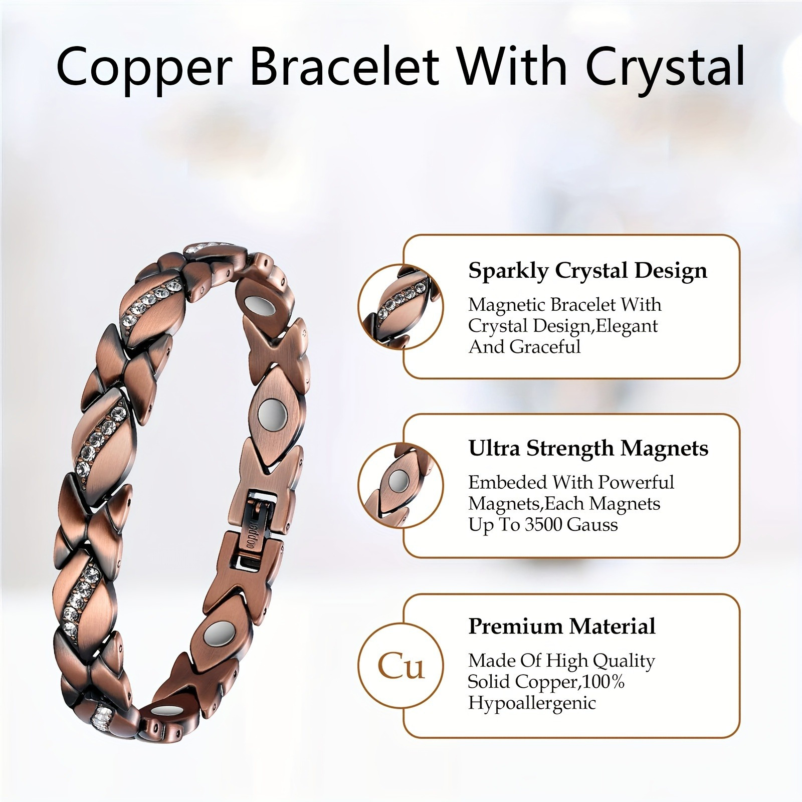 Boho Style Magnetic Bracelet & Red Copper Bangle Set with Crystal Mosaic