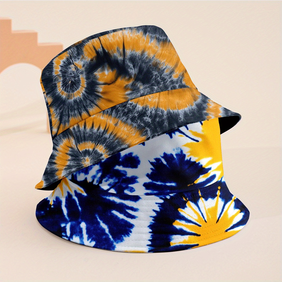 TEMU 2pcs Full Printed, Reversible Fisherman Hats, Tie-dye Fisherman Hats, Spiral, Gradient, Random Sewing Thread Colors Fashion Summer Unisex,