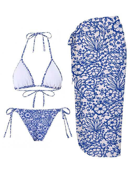 blue floral pattern with delicate leaves and on white background elegant design for swimwear female exquisite ed pattern exquisite and skirt set