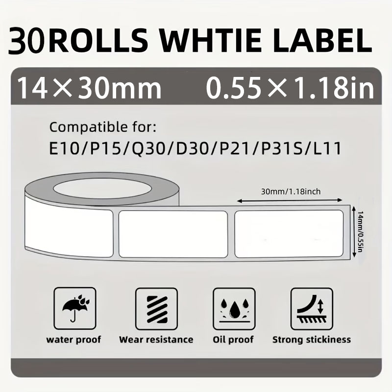 30 rolls 14 x 30mm self   labels 10 rolls white and 10 rolls colorful and 5 rolls transparent and 5 rolls holographic free 60pcs name stickers compatible with p11 p12 p15 p50s d30 d30s d32 d35 printers barcode labels
