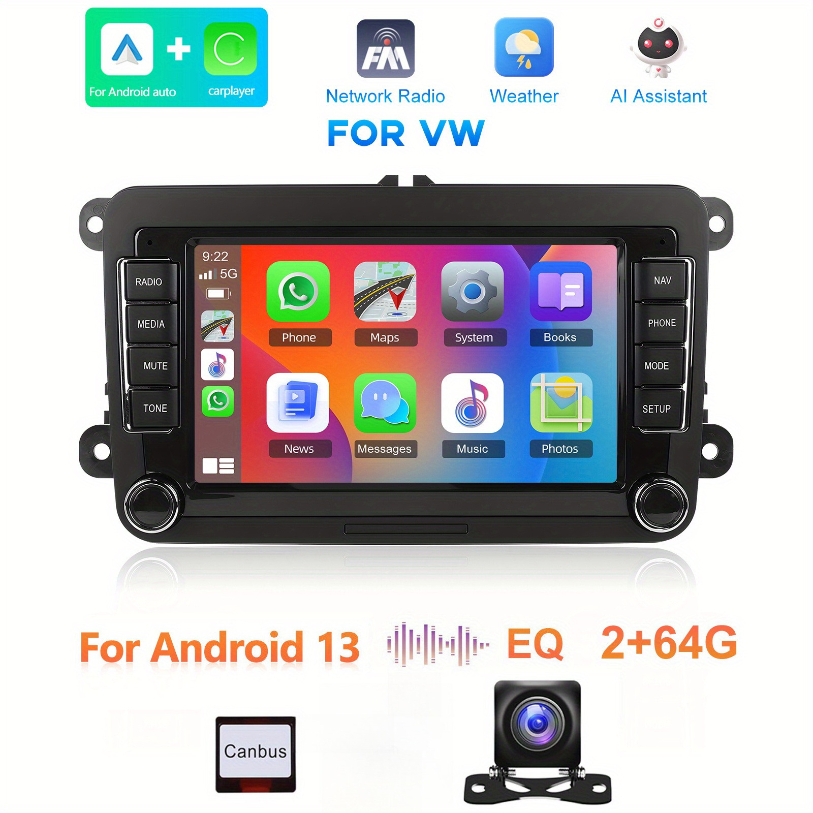 7-inch Touchscreen Car Stereo Radio Compatible With For , Jetta, Tiguan, Golf Mk5, Mk6, T5, , And , Featuring Carplay, Auto, Gps Navigation, Wireless, Fm, Steering Wheel Control, And Reversing Camera
