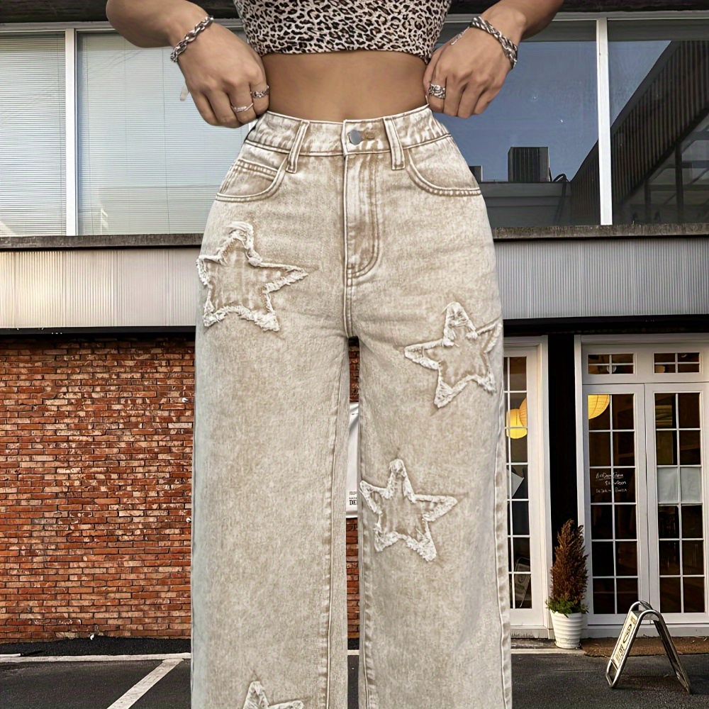 women's high waisted khaki star patch denim jeans straight