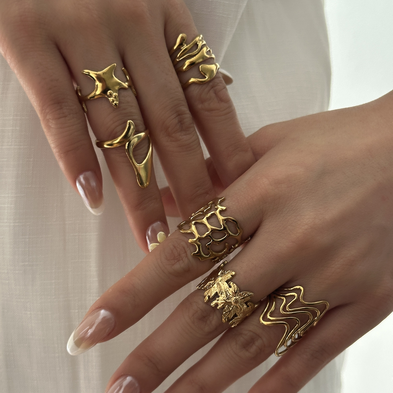 TEMU Set di 6 anelli geometrici irregolari in acciaio inossidabile, design nicchia, set di 6 anelli astratti in metallo a forma di e stella, anello
