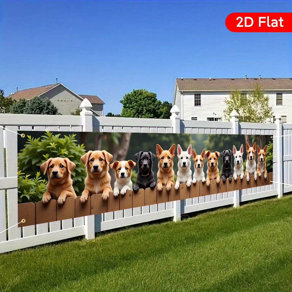 TEMU 2d Flat, 1pc Large Dogs On Fence Banner - Cute Puppies Party Decoration, Large 44.96"x199.9" (wxl) Durable Yard Sign With Fence For Birthdays,