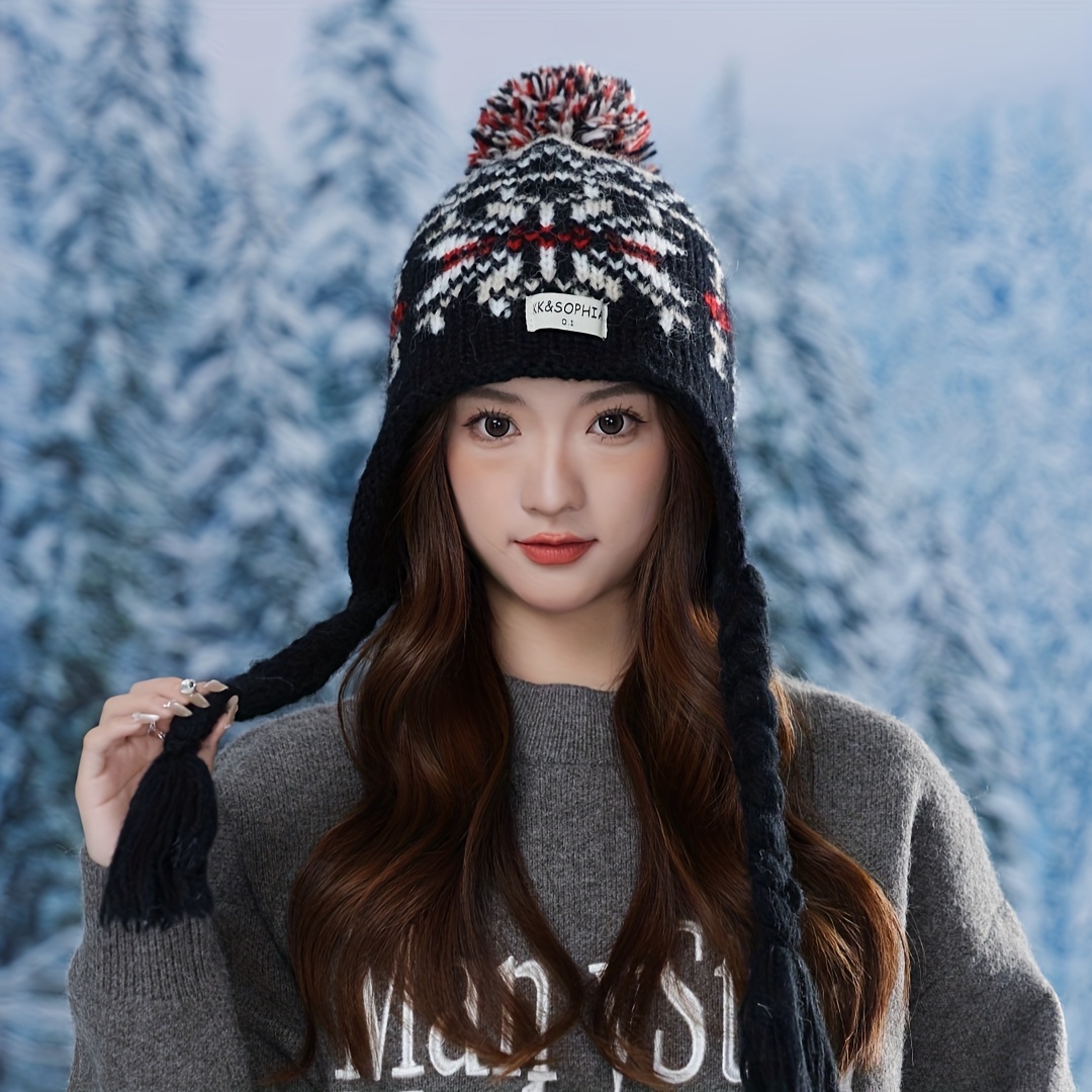 Image of A Women's Winter Beanie| Fair Isle Retro Ethnic Style Warm Pullover Hat| Tie Strap Tassel Ear Protection Hat