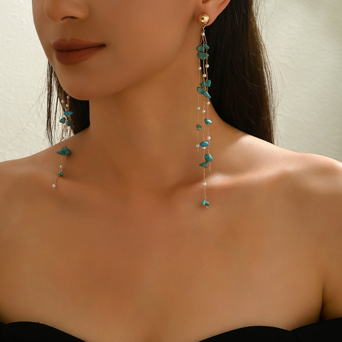 TEMU 1 Par de Elegantes Aretes de Borla de Dama Súper , Retro Bohemio , , , de Perla, Cadena a , Diseño Largo, Pendientes de Botón para a Día,