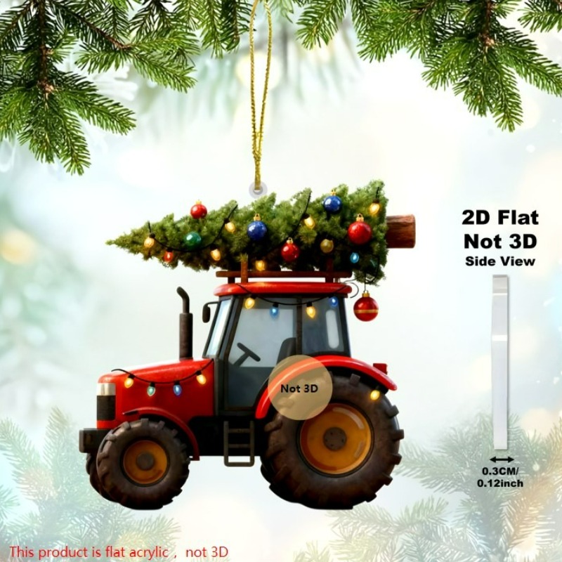 TEMU 2d Flat Design, A Tractor Christmas Tree Topper - Heavy-duty Acrylic Farm-themed Decoration Featuring A Tractor Shape And Chain, Suitable For