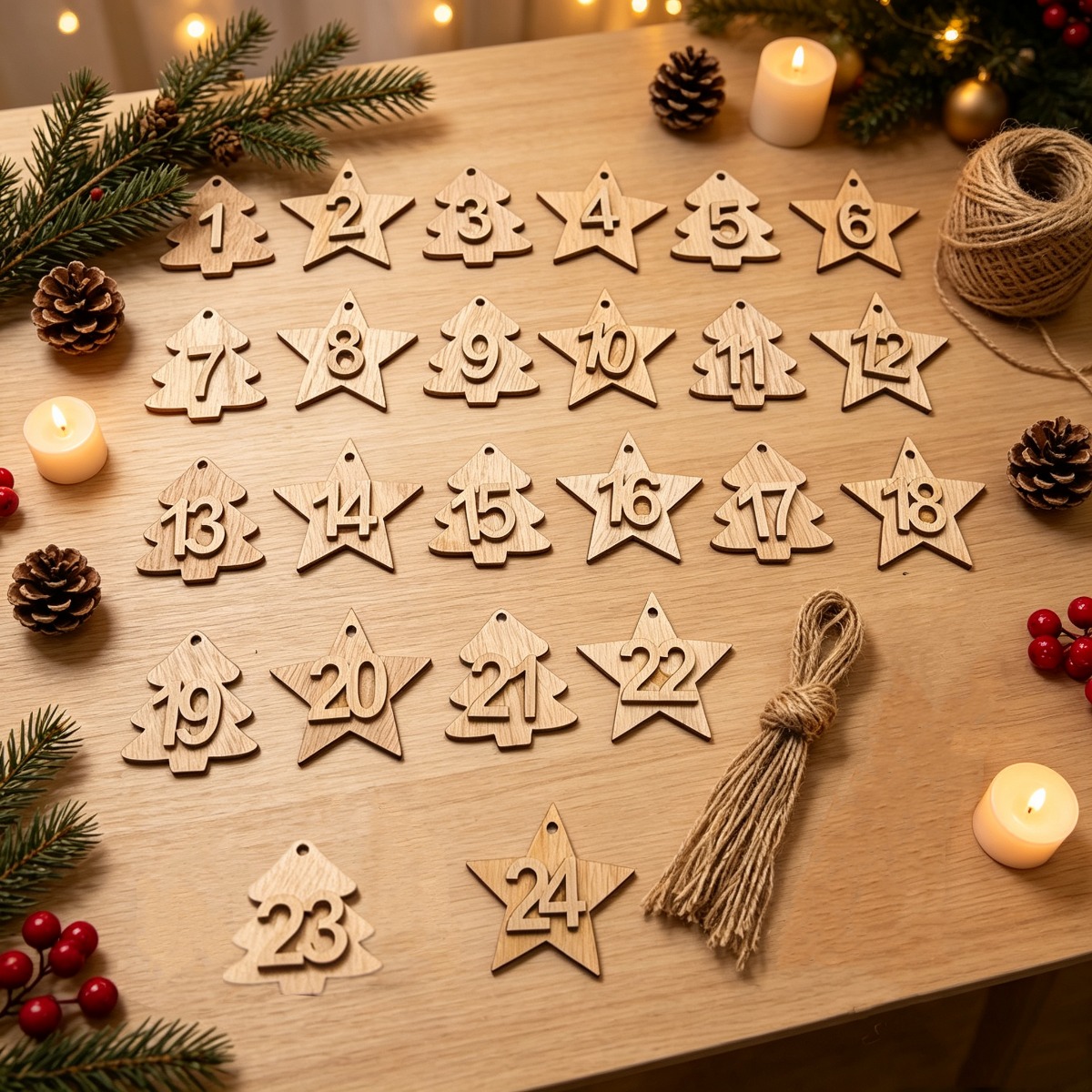 TEMU 24pcs, 1-24 Wood Christmas Tree And Stars Advent Calendar Numbers With Rope, Christmas Countdown Decor, Numbered Days Of Advent For Christmas,