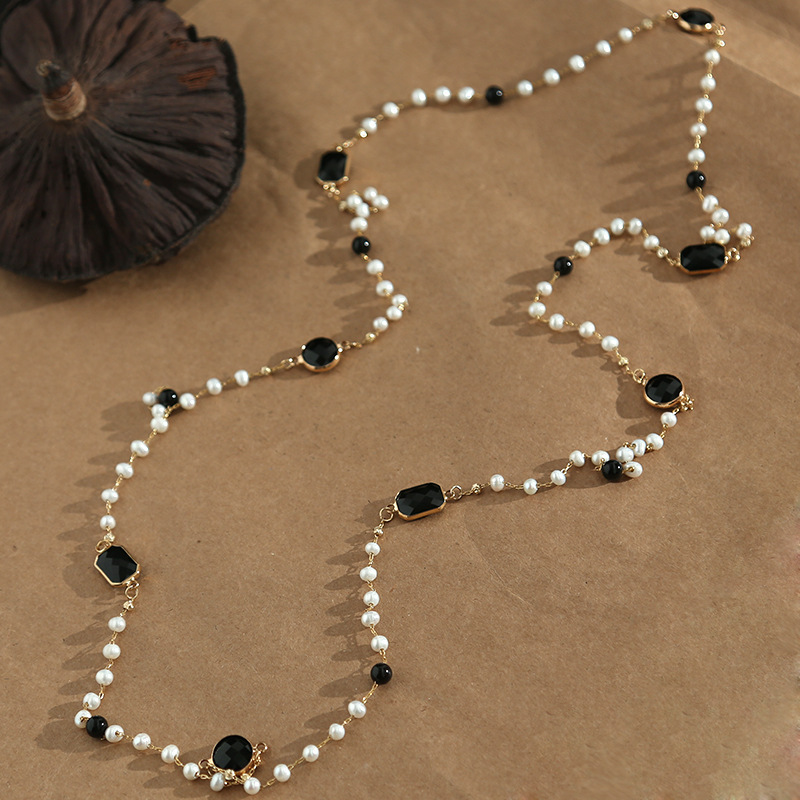 TEMU Women's Elegant Long Necklace - Freshwater Pearls & Black Beads, Everyday To Formal Jewelry For Parties, Office, Formal Events - Luxury Necklace