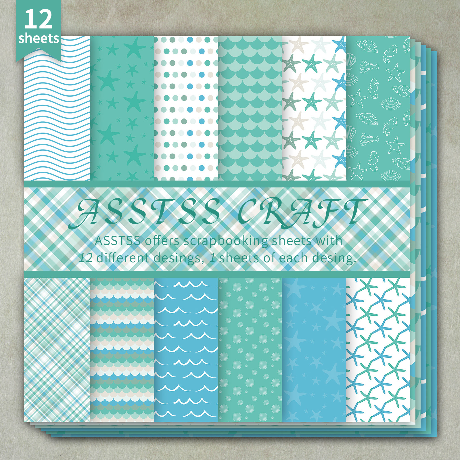 TEMU 12-sheet Asstss 6*6-inch Scrapbooking Paper Pad, Beach Wave Starfish Style Backing Paper Supplies, Heavyweight Cardstock For Journaling, Collage