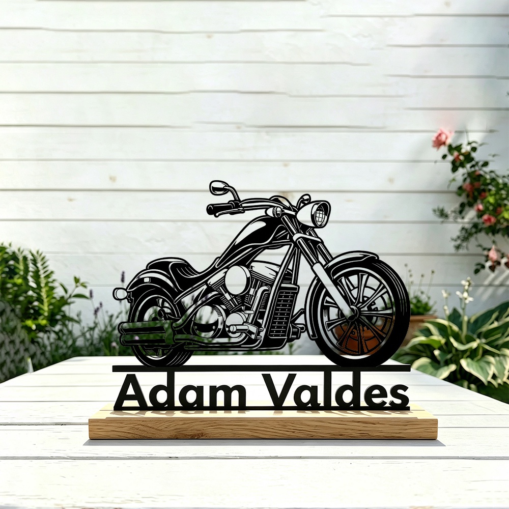 TEMU [collectible Figurines] 1pc Personalized Metal Motorcycle Desktop Ornament With Wooden Base Custom Name Plaque Stylish Industrial Decor For