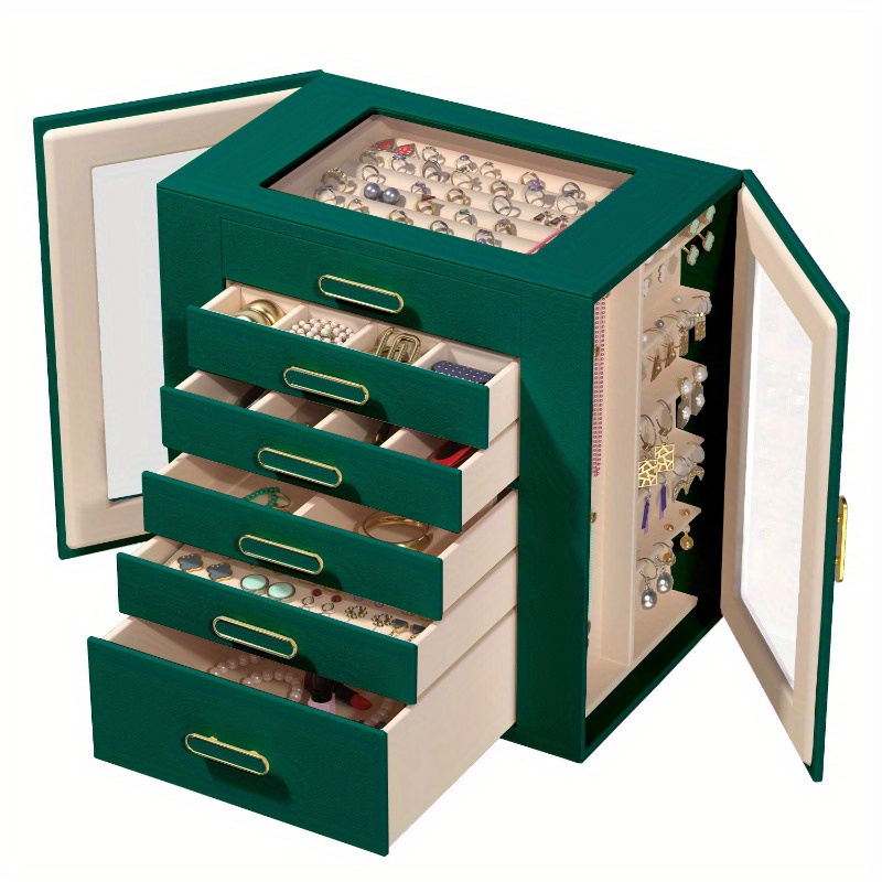 boho chic 6 tier multifunctional   leather jewelry box with clear drawers open shelves large capacity organizer for earrings necklaces bracelets watches elegant gift for women girls christmas valentines day birthdays graduation Product details 8